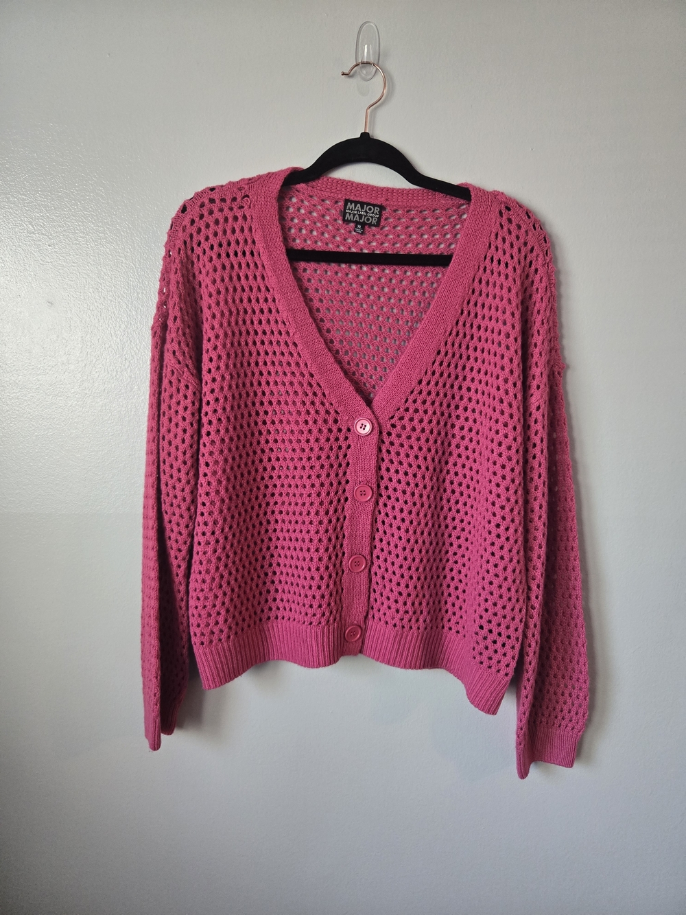 Major Label Group Pink Open Knit Crochet Cardigan Sweater V-Neck Button Front XL